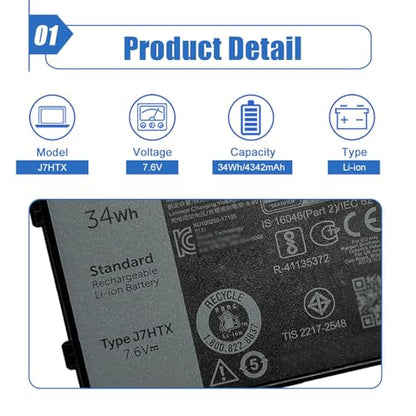 34Wh J7HTX 7XNTR Laptop Battery Replacement for Dell Latitude 7202 7212 7220 Rugged Extreme Tablet T03H T03H002 T03H003 Series 02JT7D 2JT7D FH8RW J82G5 VW5Y4 451-BBOR 451-BCCO 451-BCDH 7.6V 4342mAh - size: 4.28*2.48*0.52 inch J7HTX