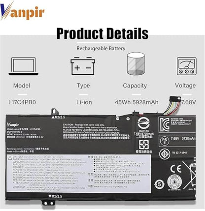 L17C4PB0 Laptop Battery, 7.68V 45Wh 5928mAh Compatible with Lenovo Flex 6-14IKB 14ARR 530S-14ARR 530S-14IKB 530S-15IKB Series Notebook L17M4PB0 L17C4PB2 L17M4PB2 5B10Q16066 5B10Q16067 - size: 9.66*3.51*0.21 inch L17C4PB0