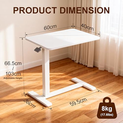 Overbed Table with Pneumatic Height Adjustment, Hidden Casters Rolling Bedside Table, Hospital Bed Table Mobile Laptop Standing Desk for Hospital Home Use, White