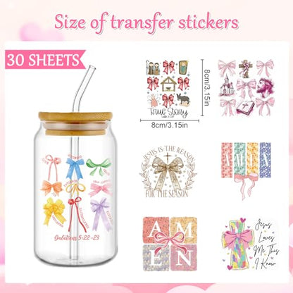 Rngmsi UV DTF Cup Wrap - 30 Pcs Bible Verse Bow UV DTF Stickers for 16 OZ Christian Inspirational Cross Waterproof UVDTF Transfer Decals for Glasses Cups Mug DIY Crafts - style: Bible Verse Bow
