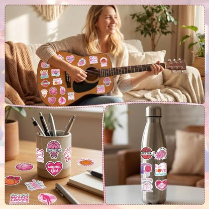 Pink Basketball Stickers for Women - 100 Pcs Cute Basketball Vinyl Sticker Decals, Sports Decals for Laptop Water Bottle Phone Case Notebook Skateboard Helmet Luggage Gift - style: Basketball