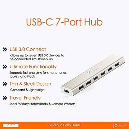 j5create USB Type-C to 7-Port USB 3.0 Data Hub with 3 ft Extended Cable | 20W Power Adapter Included] for Mac, MacBook, Windows, Laptop, Surface, XPS, Chromebook, PC (JCH377)