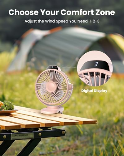 Koonie Portable Clip-On Fan, Small Rechargeable Battery Operated, 3 Speeds | Pink Mini Clamp Fan With LED Display, 360° Rotate Personal Cooling Desk Fan for Stroller Bed Travel Camping Golf Gym - color: pink