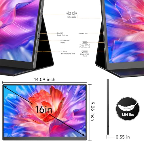 AYY 16" 2.5K 120Hz Portable Monitor, 2560x1600 HDR IPS Display, QHD 100% sRGB, USB-C & HDMI, Eye Care External Second Screen, for Laptop/PC/Phone/PS4/5/Xbox/Switch - size: 16 Inch, style: 2.5K 120Hz