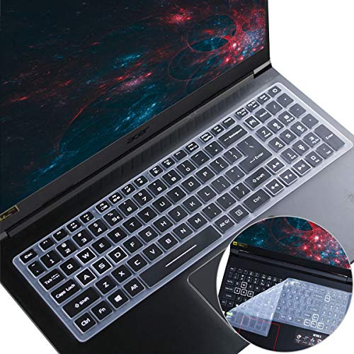 2Pcs Keyboard Skin for Acer Nitro 5 & Acer Predator Helios 300, Nitro 5 AN515-45/43/44 AN515-58/57/56/54/55 AN517-54/53/51/52, Predator Helios 300 PH315-55/54/53/52 PH317-53/54, Nitro 7 AN715-51/52 - color: Black+Clear