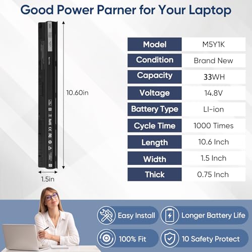 M5Y1K 14.8V Replacement Laptop Battery for Dell Inspiron 14 15 17 5000 3000 Series 5559 5558 3451 3558 i3558 3565 3567 5451 5755 5756 5458 5759 5758 GXVJ3 WKRJ2 VN3N0 991XP P63F P47F P51F P52F - size: 10.6*1.5*0.75inch M5Y1K