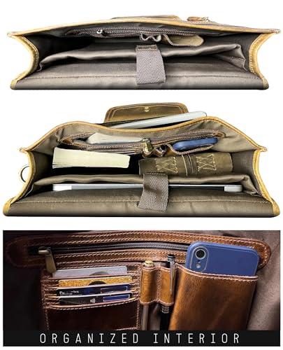 Leather Messenger Bag for Men - 16 Inch Laptop Briefcase, Office Satchel | Fits 16" Laptop & Documents, Top-handle, Removable Shoulder Strap, Brass Fittings, Luggage Sleeve, Organized Pockets - color: Brown