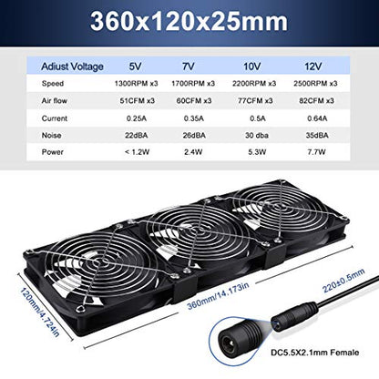 Wathai Dual Ball 3 x 120mm Computer Fan with AC Plug DC 12V Server Fans | Baseboard Booster Fan with 110V 120V 220V 240V AC Speed Controller for DIY Cabinet Chassis Machine Rack Workstation Cooling - style: 3x120mm fan