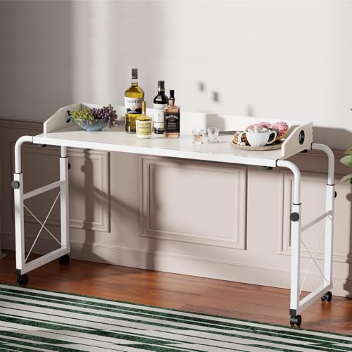 Overbed Table with Wheels, Adjustable Queen Size Bed Desk, White | Fits Twin To King Beds, Adjustable Height & Length Rolling Over Bed Table For Hospital and Home, with 4 Locking Casters - color: White