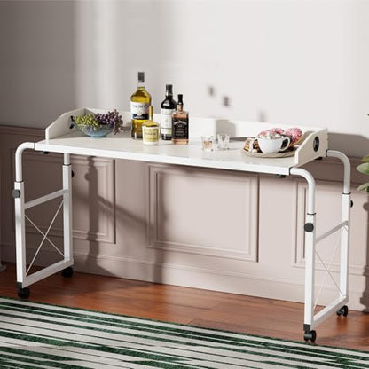 Overbed Table with Wheels, Adjustable Queen Size Bed Desk, White | Fits Twin To King Beds, Adjustable Height & Length Rolling Over Bed Table For Hospital and Home, with 4 Locking Casters - color: White