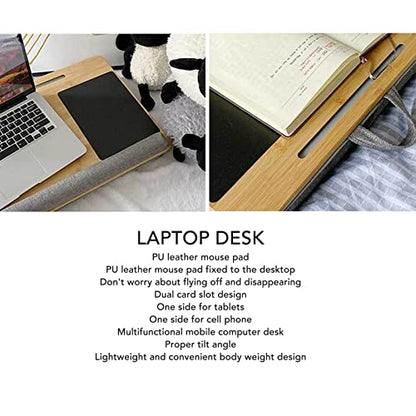 21.7x14.2 Inch Bamboo Laptop Lap Desk for Remote Workers Studying from Home,Supports up to 18.5 Inch Laptops,Built in Pu Leather Mouse Pad Wrist Slot,Comfortable Pillow