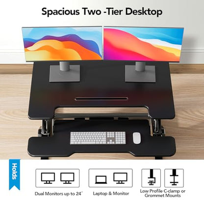 HUANUO 36" Z Shaped Stable Standing Desk Converter, Height Adjustable Sit Stand Up Desk Riser, Dual Monitor and Laptop Workstation with Wide Keyboard Tray, Desk Lifter for Home Office,Black