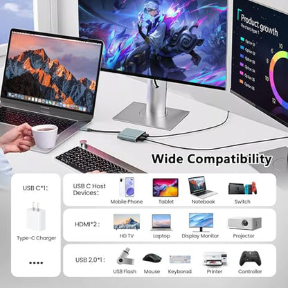 USB C to Dual HDMI Adapter - 4K@30Hz Dual Monitor HDMI Adapter | USB to HDMI Adapter with 100W PD Charging, USB3.0 5Gbps & Thunderbolt 3 Compatible for Laptop/Tablet