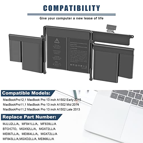 Fancy Buying 74.9Wh A1582 A1502 Battery for MacBook Pro Retina 13” A1493 [Early 2015 - Mid 2015, Mid 2014, Early 2013 - Late 2013], EMC 2678 2875 2835 ME864 ME865 MF839 MF840 MF843 MF841 if123-054-5 - size: 11.22*4.12*0.35inch A1582