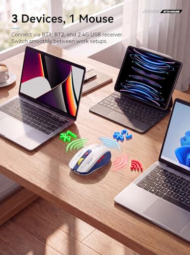 RAPIQUE Bluetooth Wireless Mouse - (BT1/BT2+USB) Tri-Mode High Performance, Rechargeable, Multi-Device Compatible with PC/Laptop/Computer/MacBook/iPad Air Pro (Blue and White) | 3-Device Switching, USB-C Rechargeable, Quiet Clicks, 800/1200/1600 DPI, 6 Bu