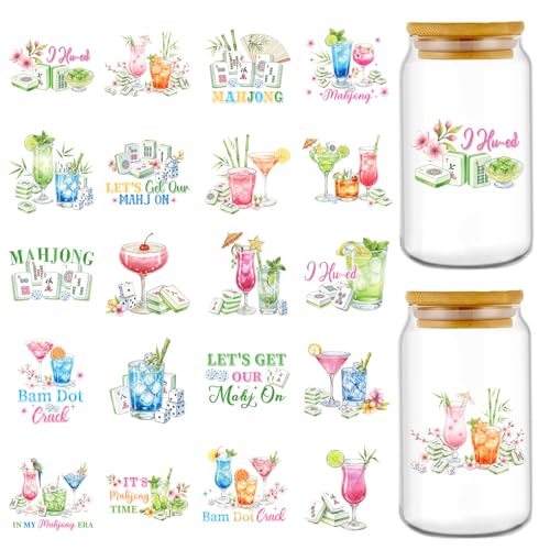 Rngmsi UV DTF Cup Wrap - 20 Pcs Mahjong UV DTF Stickers for 16 OZ Funny Mahjong Bird Waterproof UVDTF Transfer Decals for Glasses Cups Mug DIY Crafts - style: Mahjong