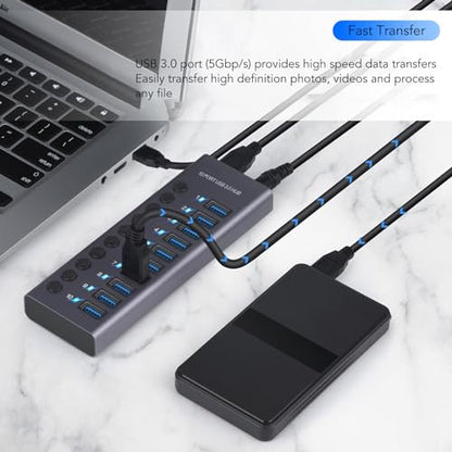 CCYLEZ 10 Port USB 3.0 Hub with Individual Switches and 60W Power Adapter for Laptop PC Game Console (US Plug)