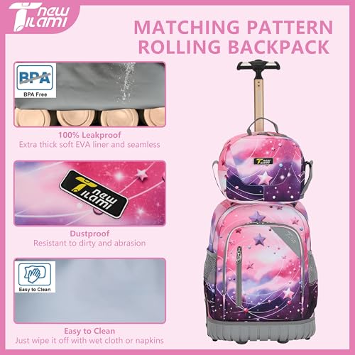 NEW TILAMI 16 Inch Rolling Backpack with Lunch Bag for Girls Boys School | 6-Wheel Stair-Climbing Girls Boys Carry-on Suitcase Water-Resistant Adjustable Trolley Handle Wheels School Travel Camping - color: Pink - Purple Galaxy