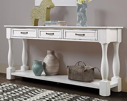 63.4" Solid Wood Console Table for Entryway,Sofa Table with Drawers | Antique White Farmhouse Console Table with 3 Drawers and Bottom Shelf;Solid Wood Sofa Table for Hallway,Foyer,Easy Assembled - color: Antique White