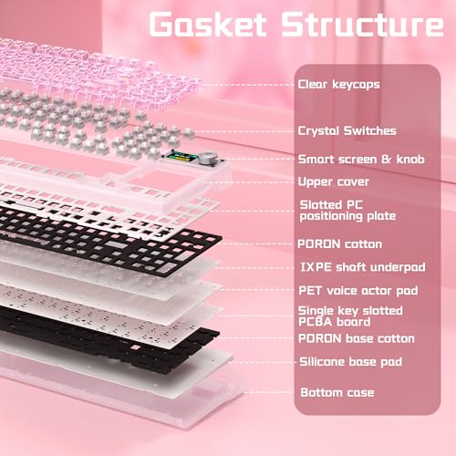 AULA F98 Pro V3 Wireless Mechanical Keyboard with Screen & Knob,Hot Swappable Pink Gaming Keyboard,Clear Keycap RGB Backlit Gasket Mount Creamy Keyboards with Number Pad for Office PC,10000mAh Battery - color: Pink