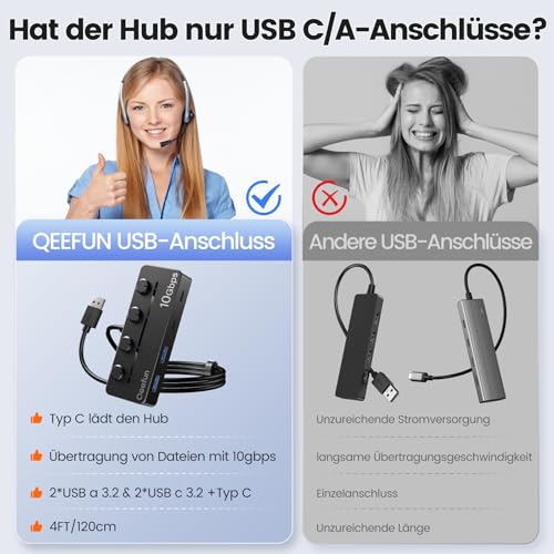 Qeefun 4-Port USB 3.2 Hub with 2 USB-C and 2 USB-A Ports, Individual LED Power Switches,10Gbps Data Transfer USB Splitter with 4ft Extension Cable, Multiple USB Extender for Laptop, PC, iMac etc - style: A to 2A+2c 3.2