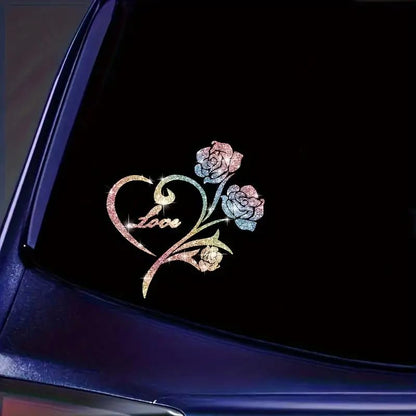 2pcs Sparkling Sunflower Heart Shaped Rose Self-Adhesive PVC Rainbow Glittery Decal Sticker for Cars, Laptops, Trucks, Motorcycles Wall Window Luggage Scratch Cover Door Multi-Surface Decor Sticker