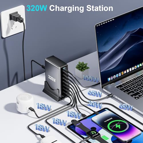 320W USB C Fast Charger Block, Multi-port USB Charging Station, GaN Ⅲ Double 100W PD PPS Port Fast Charging Station for Multiple Devices,Laptop Wall Charger Compatible with MacBook, iPhone 17,iPad etc - size: 320W
