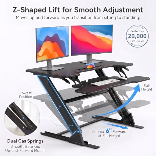 HUANUO 36" Z Shaped Stable Standing Desk Converter, Height Adjustable Sit Stand Up Desk Riser, Dual Monitor and Laptop Workstation with Wide Keyboard Tray, Desk Lifter for Home Office,Black