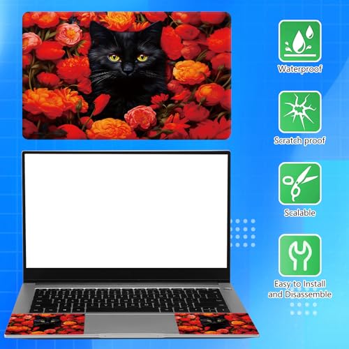 Universal Laptop Skin Sticker Decal for 11.6”12" 13" 13.3" 14" 15" 15.4" 15.6" Reusable Waterproof Scratch-Scratch Resistant Protective Vinyl Laptop Notebook Skin Stickers,Red Floral Flower Black Cat - color: Red Floral Flower Black Cat
