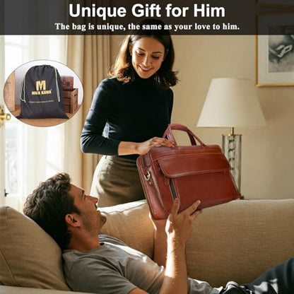 Masa Kawa Leather Briefcase for Men 15.6", 17" Laptop Computer Case Business Travel Work Messenger Cross Body Shoulder Bag - color: Tan-fits 15.6" Laptop