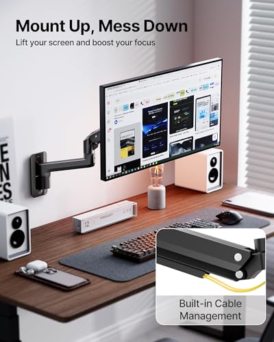 monTEK Ultra Wide Wall Mount Monitor Arm for 17-49 Inch Screens, Heavy Duty Single Monitor Mount up to 44 lbs, Fully Adjustable Gas Spring Wall Mount, 75x75/100x100 VESA Mount, Black - color: Black