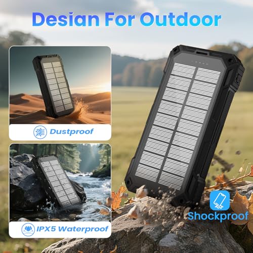 Solar Power Bank 49800mAh - Wireless Portable Charger 15W Fast Charging with 4 Built-in Cables. Equipped with a Powerful Flashlight, IP65 Outdoor Waterproof Power Bank Perfect for Camping (Black) - color: Black
