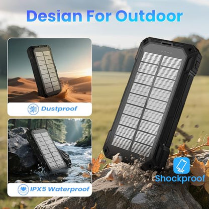 Solar Power Bank 49800mAh - Wireless Portable Charger 15W Fast Charging with 4 Built-in Cables. Equipped with a Powerful Flashlight, IP65 Outdoor Waterproof Power Bank Perfect for Camping (Black) - color: Black