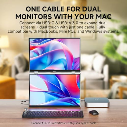 U16 Pro 16" Dual Portable Touchscreen Monitor, 1200P FHD Laptop Screen Extender with USB-A&C/HDMI, Foldable Travel Monitor for Laptop/Mac/PC/Windows, Single-Cable Dual-Screen, VESA Mountable