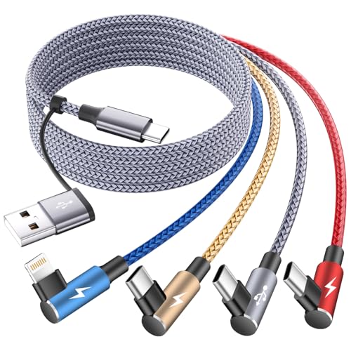 MPATIBY USB A/C to USB C Right Angle Cable, 90 Degree Type-C Braided Charging Cord 5FT, 4 in 2 USB C Charging Cable,Universal Phone Charger Cord with 3 Type-C/IP Port for IP 17/16 Android Phones Pad - color: Blue_Gold_Gray_Red, size: 1Pack5FT