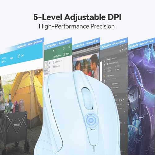TECKNET Wireless Mouse, 2.4G Ergonomic Computer Mouse, 2600 DPI, Lightblue | Ergonomic Design with Side Grips, Adjustable DPI, 2-Year Battery, Compact Size, USB-A Plug & Play, Wide OS Compatibility - color: Lightblue
