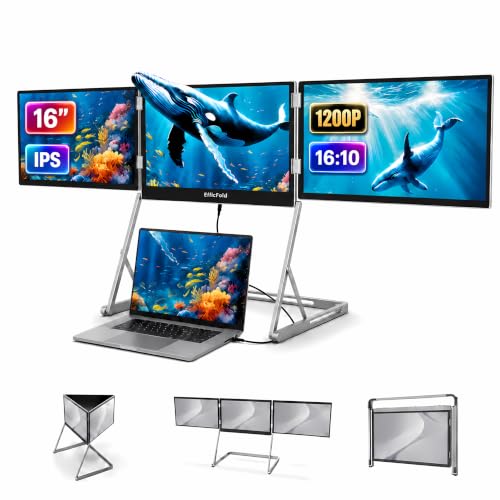 TriCreate 16 FHD 16" Triple Portable Monitor Extender for Laptop | 3×16" 1200P IPS | 360° Rotation | USB-C & HDMI | Aluminum Alloy Foldable Stand | Eye Care | for 13-18.5" Mac & Windows - color: Silver