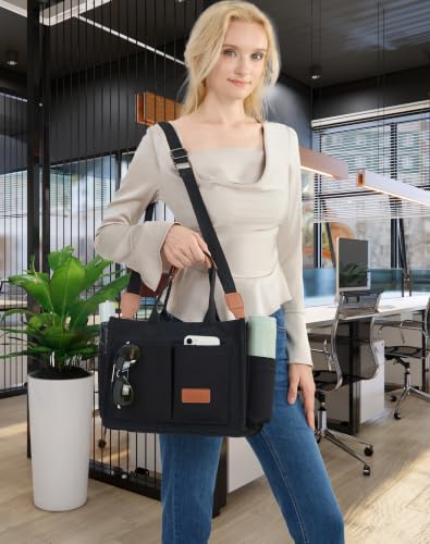 Canvas Tote Bag for Women,Women's Bags Crossbody Bags Work Laptop Tote Bag Large Handbags Purse for Travel Nurse Teacher - color: New Upgrade Black With Compartments and Inner Cup Holders