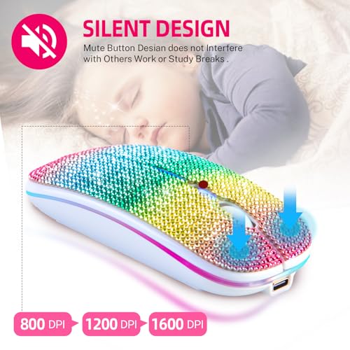 Bluetooth Mouse,Bling Dazzling 2.4GHz Rechargeable Wireless Mouse Slim with USB Receiver, Compatible with Notebook, PC, Laptop, Computer, MacBook,Great Gift idea for Her (Rainbow) - color: Rainbow