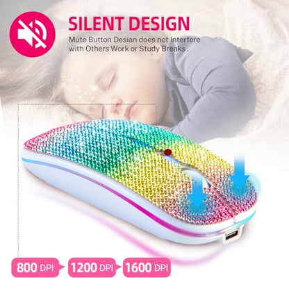 Bluetooth Mouse,Bling Dazzling 2.4GHz Rechargeable Wireless Mouse Slim with USB Receiver, Compatible with Notebook, PC, Laptop, Computer, MacBook,Great Gift idea for Her (Rainbow) - color: Rainbow