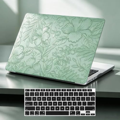 DTangLsm for MacBook Air 15 inch Case 2026 M5 2025 2024 2023 M4 M3 M2 Chip | Model A3448 A3241 A3114 A2941, Elegant Textured Retro Leather Hard Shell Mac Air 15 Laptop Case & Keyboard Cover, Sage Green - color: Embossed Floral Green