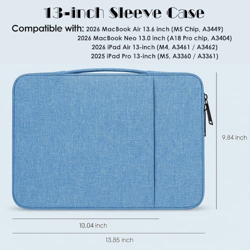 ProElife 13 Inch Laptop Sleeve for MacBook Neo, Retractable Handle, Blue | Precision Fit, Soft Inner Lining Padded, Anti-Scratch, Extra Attached Pocket, Travel Carry Laptop Bag for Home Office - color: Light Blue