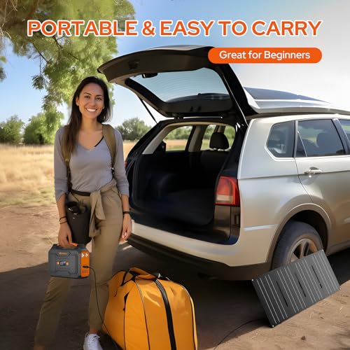 Portable Power Station with Foldable Solar Panel, 110V 100W AC Outlet Camping Solar Powered Generator with Panels, 65W Solar Powered Power Bank for Laptop Smart Devices RV Outdoor with 30W Panel