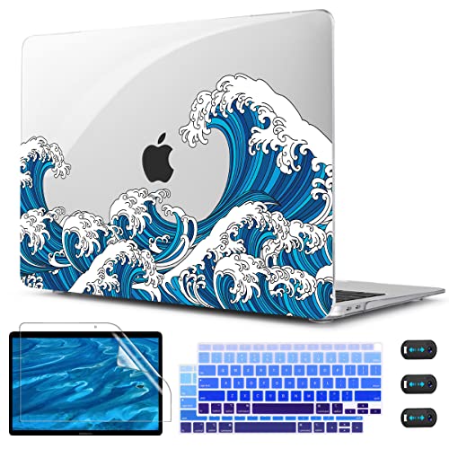 CISSOOK Compatible with MacBook Air 13 inch M1 Case A2337 A2179 A1932 | 2021 2020 2019 2018, 4in1 Set Hard Shell Case Keyboard Cover Screen Protector for MacBook Air 13.3 inch, Ocean - color: Great Wave