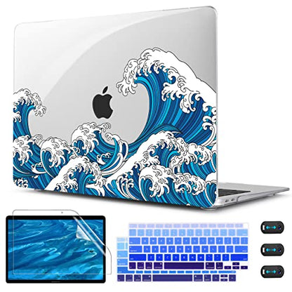 CISSOOK Compatible with MacBook Air 13 inch M1 Case A2337 A2179 A1932 | 2021 2020 2019 2018, 4in1 Set Hard Shell Case Keyboard Cover Screen Protector for MacBook Air 13.3 inch, Ocean - color: Great Wave