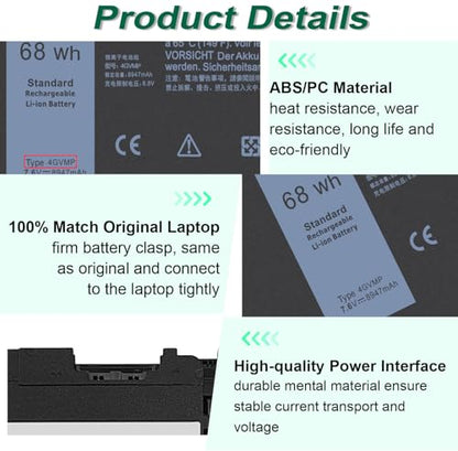 4GVMP Laptop Battery for Dell Latitude 5400 5500 5410 5510 E5400 E5500 Inspiron 7590 7591 7791 2-in-1 Precision 3540 3550 Series P84F P84F001 P42E P42E001 P98G001 P80F001 RF7WM C5GV2 H82T6 7.6V 68Wh - size: 9.33*4.13*0.25inch