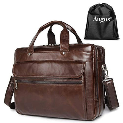 Leather Briefcase for Men, 15.6 Inch Laptop Business Travel Bag | 100% Full Grain Leather | YKK Zipper | Fits 15.6" Laptop | 8 Card Slots + 3 Pen Sleeves | Detachable Strap & Trolley Sleeve - color: Coffee-1