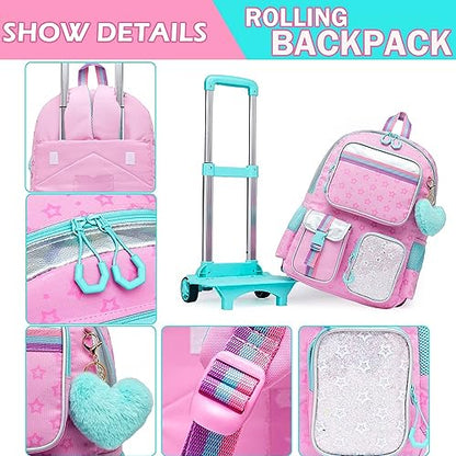 Meetbelify Backpack with Wheels for Girls Rolling Backpack Cute Carry on Backpack for Elementary Student - color: Pink