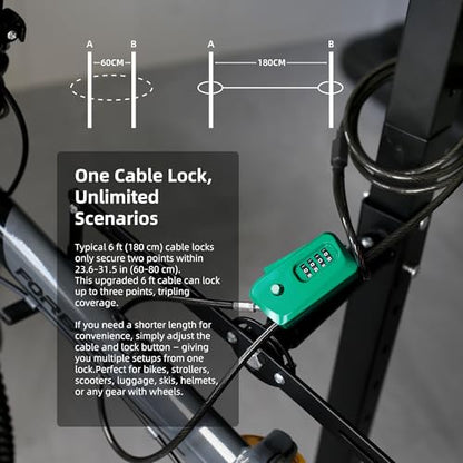 6ft Python Cable Lock for Bike, Bicycle, Trail Camera, 4 Digit Combination Lock, Heavy Duty Anti Theft Candado, Adjustable Locking Cable for Trail Cam, Kayak, eBike, Outdoor Equipment - color: Green