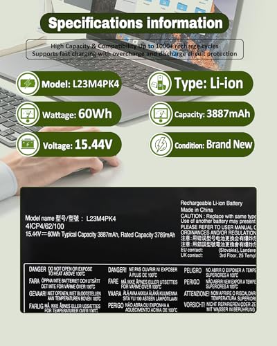 60Wh L23M4PK4 Battery for Lenovo LOQ 15IRX9 15ARP9 15AHP9 15IAX9 15IAX9I / Legion 5-15IRX10 5-15IAX10 Series - SB11M64615 5B11M64608 L23B4PK4 L23D4PK4 L23L4PK4-15.44V 3887mAh - size: 9.13*3.11*0.31 IN L23M4PK4